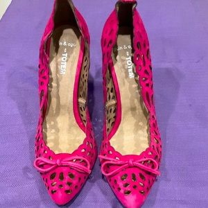 Pink Suede Cut Out High Heel Pumps, With Thin Bow, Size 8